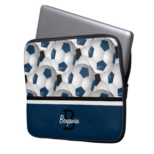 Monogram Dark Blue Black Soccer Ball Pattern Laptopschutzhülle (Vorderseite Links)
