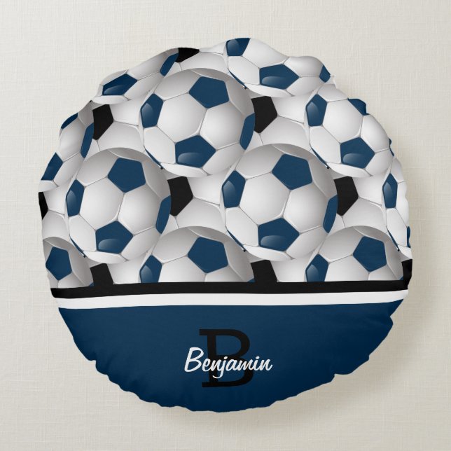 Monogram Dark Blue Black Soccer Ball Pattern Rundes Kissen (Rückseite)