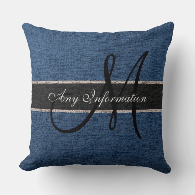 Monogram Dark Blue Burlap Rustikal Jute Kissen (Vorderseite)