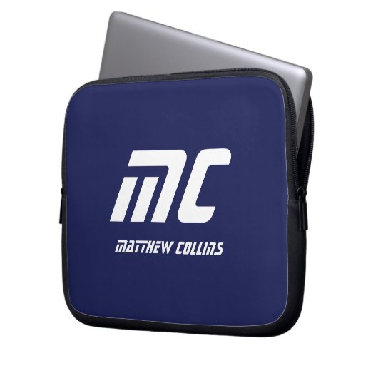 Monogram Dark Blue Minimalistisch Name White Text  Laptopschutzhülle (Vorderseite Links)