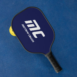 Monogram Dark Blue Minimalistisch Name White Text  Pickleball Schläger