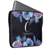 Monogram Dark Blue mit Lila und blauen Blumen Laptopschutzhülle (Vorne Rechts)