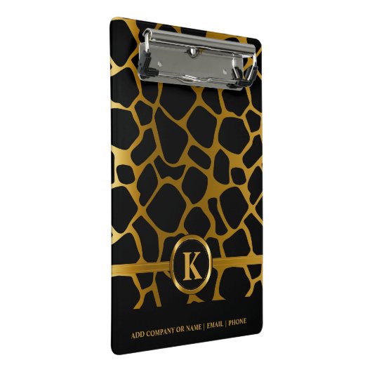 Monogram Dark Gold & Black Giraffe Muster Mini Klemmbrett (Schrägansicht)