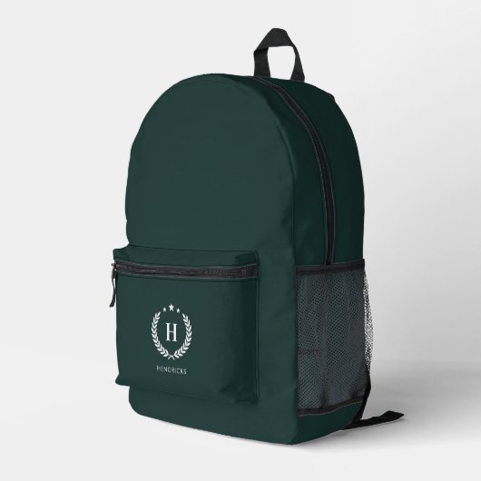 Monogram Dark Green Stylish Modern Minimalist Bedruckter Rucksack (Rückseitige Ecke Rechts)