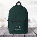 Monogram Dark Green Stylish Modern Minimalist Bedruckter Rucksack<br><div class="desc">Ein minimalistisches Monogramm-Design mit großen Typografie-Initialen in einem klassischen Schriftart mit Ihrem Namen unten auf einem dunkelgrünen Hintergrund. Das perfekt angepasste Geschenk oder Accessoire!</div>