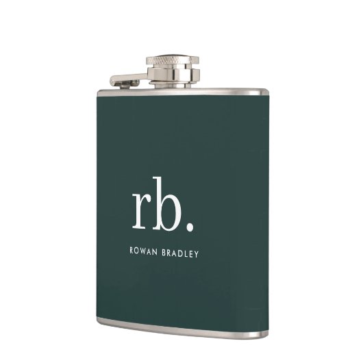 Monogram Dark Green Stylish Modern Minimalist Flachmann (Links)