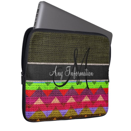 Monogram Dark Green Zickzack Zigzag Burlap Jute Laptopschutzhülle (Vorne Rechts)