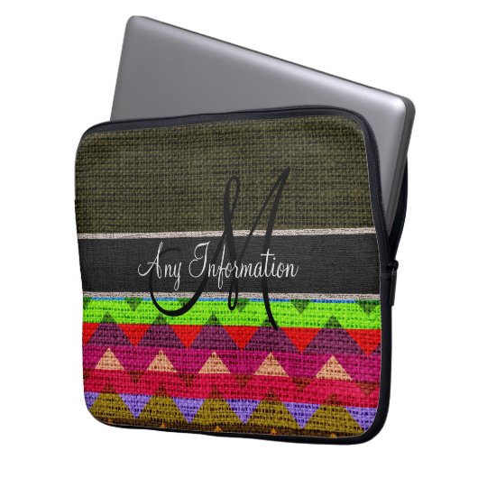 Monogram Dark Green Zickzack Zigzag Burlap Jute Laptopschutzhülle (Vorderseite Links)