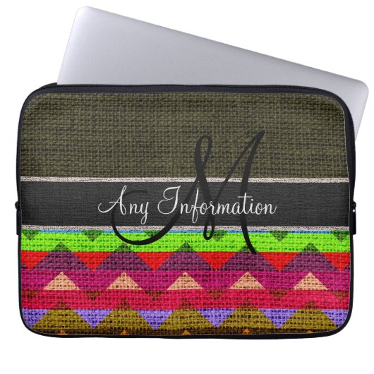 Monogram Dark Green Zickzack Zigzag Burlap Jute Laptopschutzhülle (Vorderseite)