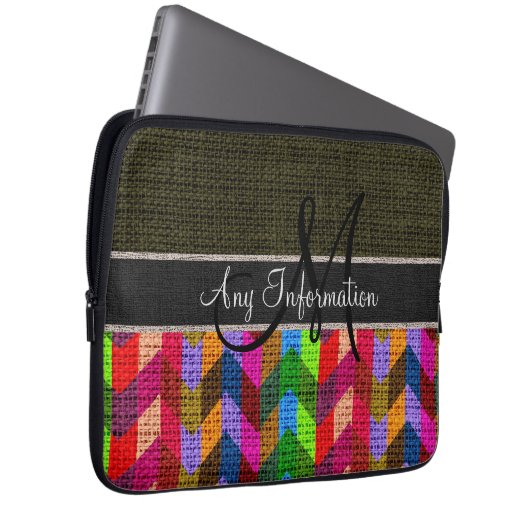 Monogram Dark Green Zickzack Zigzag Burlap Jute Laptopschutzhülle (Vorne Rechts)