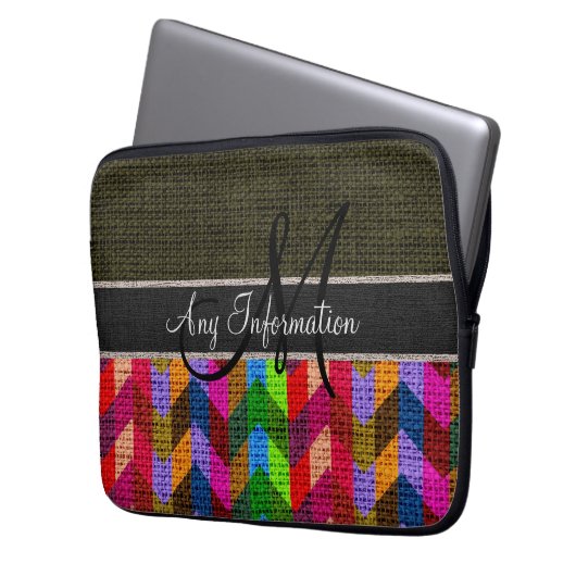 Monogram Dark Green Zickzack Zigzag Burlap Jute Laptopschutzhülle (Vorderseite Links)