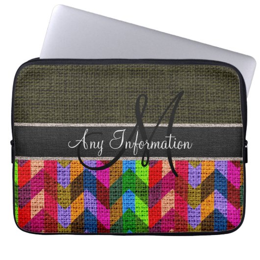 Monogram Dark Green Zickzack Zigzag Burlap Jute Laptopschutzhülle (Vorderseite)