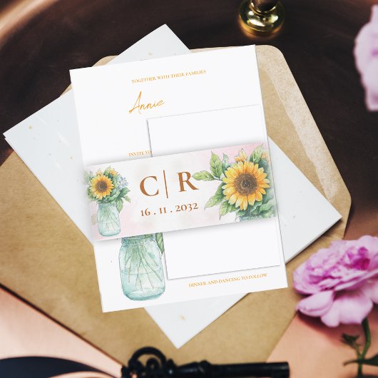 Monogram & Date  Sunflower Mason Jar Wedding    Einladungsbanderole