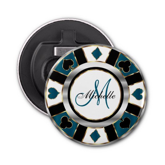 Monogram Deep Blue Aquamarin Poker Chip Design Flaschenöffner (Vorderseite)