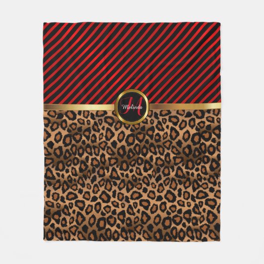 Monogram Deep Red Leopard Animal Print Fleecedecke (Vorderseite)