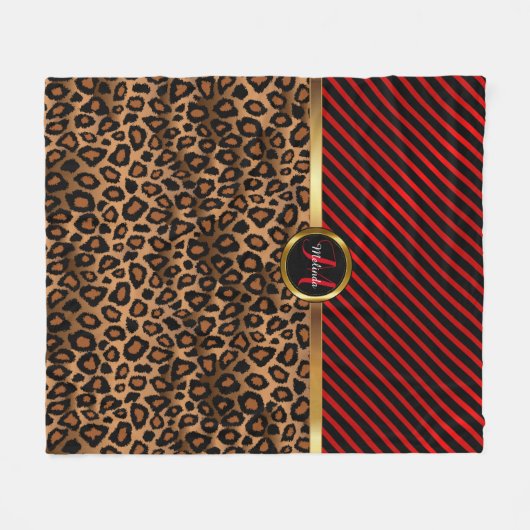 Monogram Deep Red Leopard Animal Print Fleecedecke (Vorderseite (Horizontal))