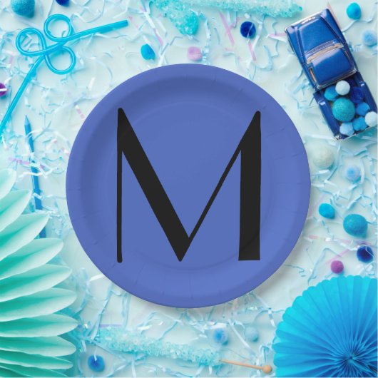 Monogram Deep Royal Black Modern Add Name Initial Pappteller (Party)