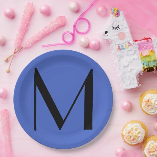 Monogram Deep Royal Black Modern Add Name Initial Pappteller (Party)