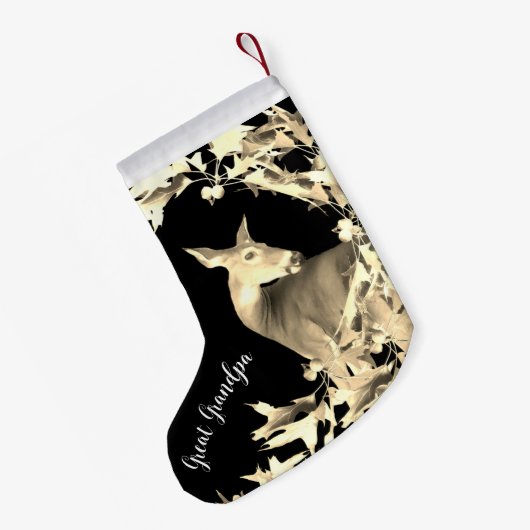 Monogram Deer Doe Gold Blätter Reben Braun Schwarz Kleiner Weihnachtsstrumpf (Rückseite (Hängend))