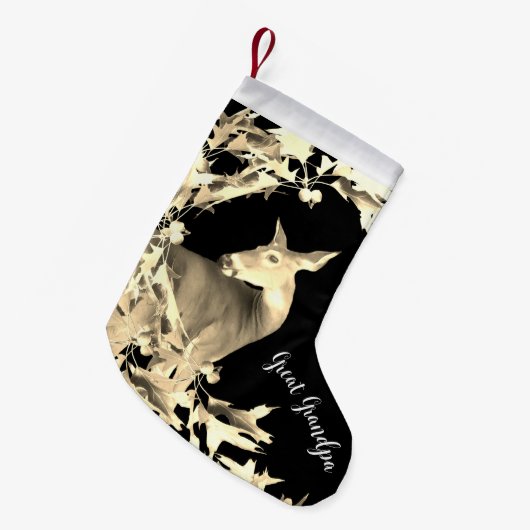 Monogram Deer Doe Gold Blätter Reben Braun Schwarz Kleiner Weihnachtsstrumpf (Vorderansicht (hängend))