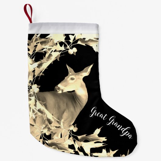 Monogram Deer Doe Gold Blätter Reben Braun Schwarz Kleiner Weihnachtsstrumpf (Vorderseite)