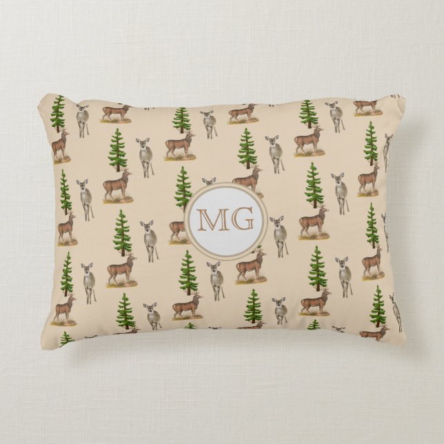 Monogram Deer Pattern Beige Dekokissen (Vorderseite)