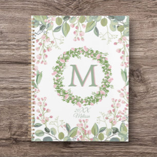 Monogram Delicate Sage Pink Floral Journal/Planner Planer