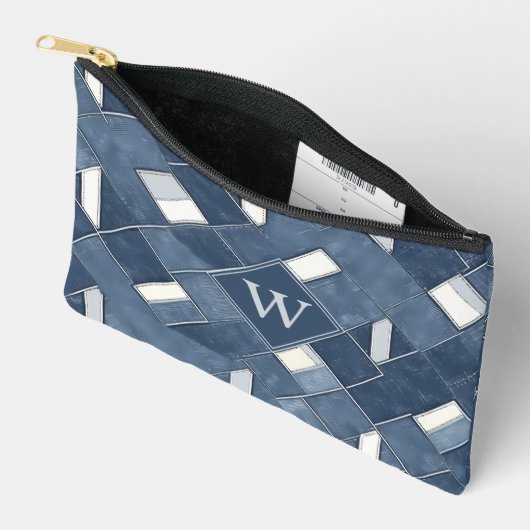 Monogram Denim Blue und White Patchwork Lattice Zubehörtasche (Offen)