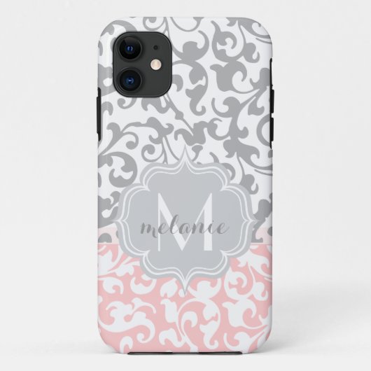 Monogram der Chic Grau and Pink Damask Wirbel Case-Mate iPhone Hülle (Rückseite)