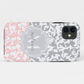 Monogram der Chic Grau and Pink Damask Wirbel Case-Mate iPhone Hülle (Rückseite (Horizontal))