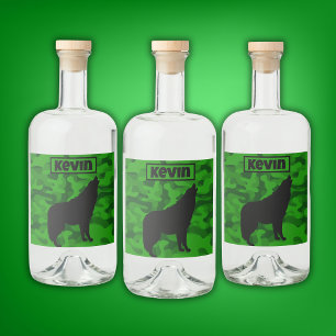 Monogram der modernen grünen Camouflage Black Wolf Alkoholflaschenetikett