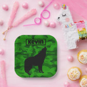 Monogram der modernen grünen Camouflage Black Wolf Pappteller (Party)