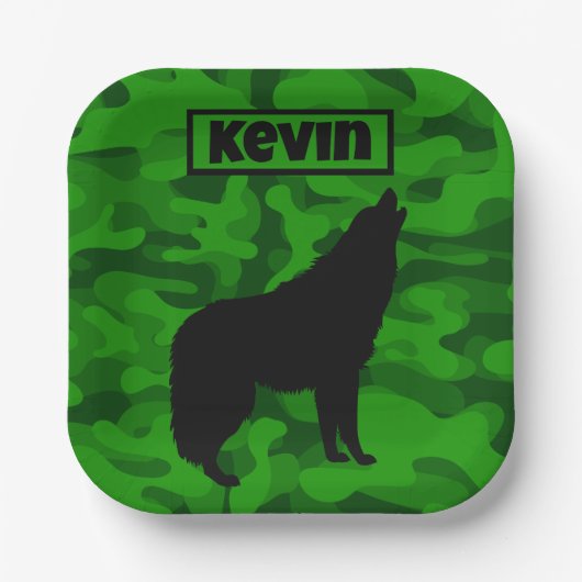 Monogram der modernen grünen Camouflage Black Wolf Pappteller (Vorderseite)