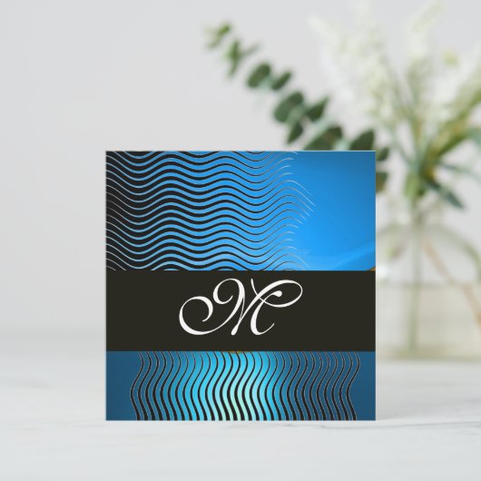 MONOGRAM DER STILWELLEN, blauer Saphire Einladung (Stehend Vorderseite)