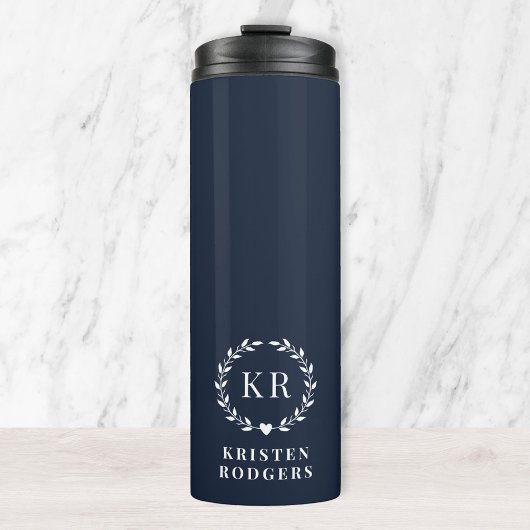 Monogram des Navy Blue Laurel Wreath Wappen Thermosbecher