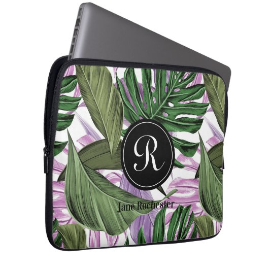 Monogram des tropischen Summer Green Lila Blätter Laptopschutzhülle (Vorne Rechts)