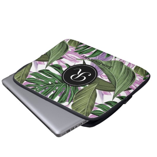 Monogram des tropischen Summer Green Lila Blätter Laptopschutzhülle (Vorne Knopf)