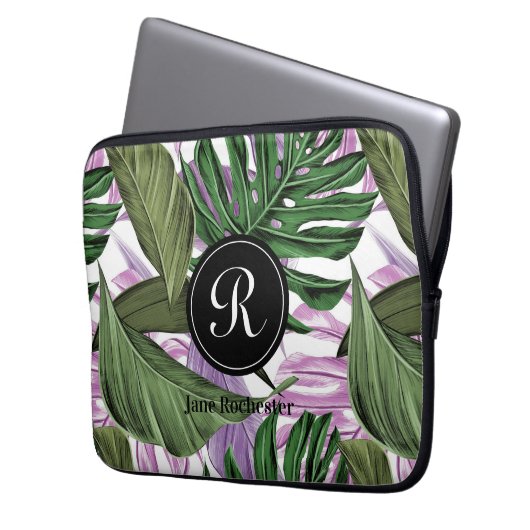 Monogram des tropischen Summer Green Lila Blätter Laptopschutzhülle (Vorderseite Links)