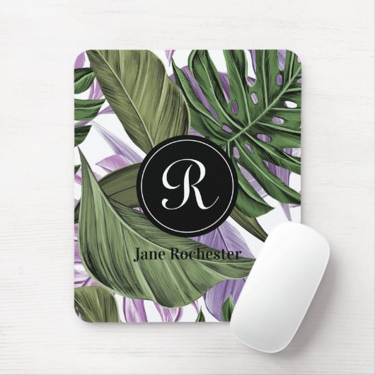 Monogram des tropischen Summer Green Lila Blätter Mousepad (Mit Mouse)