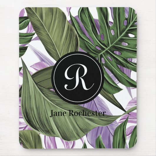 Monogram des tropischen Summer Green Lila Blätter Mousepad (Vorne)
