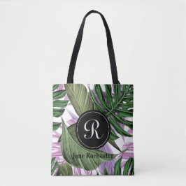 Monogram des tropischen Summer Green Lila Blätter Tasche