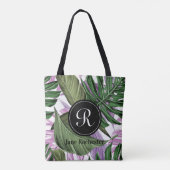 Monogram des tropischen Summer Green Lila Blätter Tasche (Rückseite)