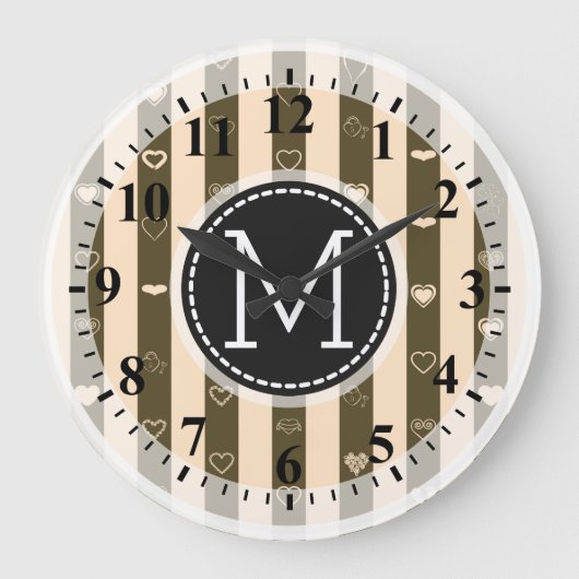 Monogram Donkey Beown Stripes Modernes Herzmuster Große Wanduhr (Vorderseite)