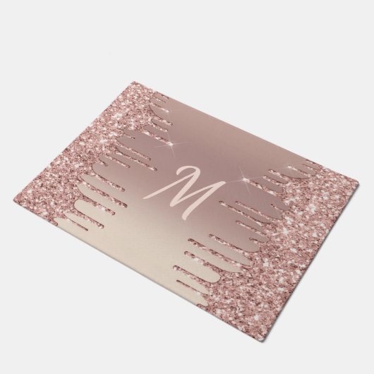 Monogram Doormat Rose Gold Blush Glitzer Tropfen Fußmatte (Schrägansicht)
