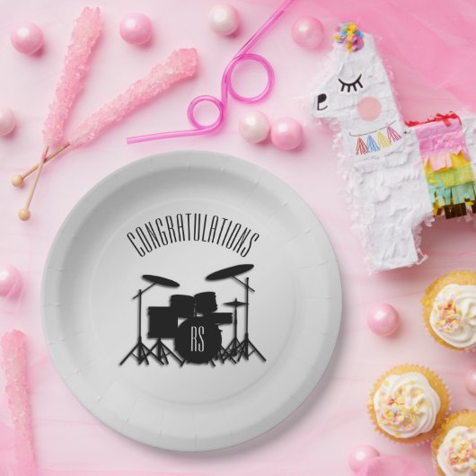 Monogram Drum Set Silver Herzlichen Glückwunsch Pappteller (Party)