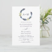 Monogram Dusty Blue Boho Floral Wedding Einladung (Stehend Vorderseite)