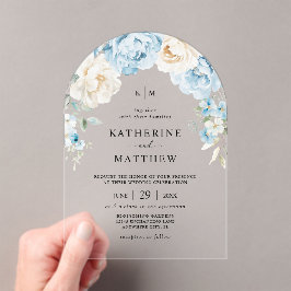 Monogram Dusty Blue Champagne ElfenbeinblumenWeddi Acryleinladungen