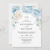 Monogram Dusty Blue Champagne ElfenbeinblumenWeddi Einladung (Vorderseite)