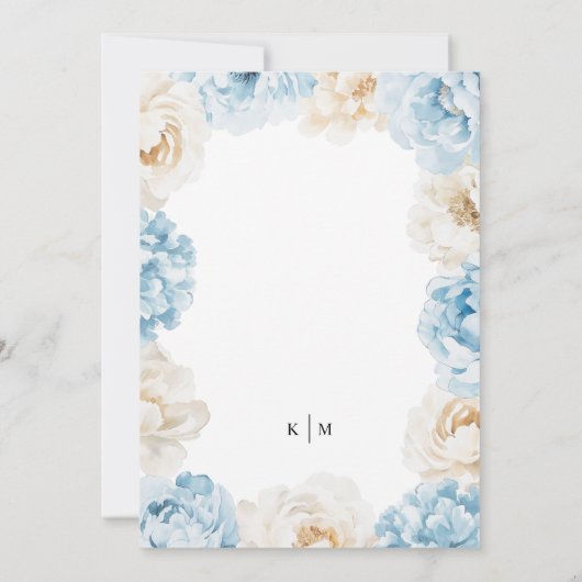 Monogram Dusty Blue Champagne ElfenbeinblumenWeddi Einladung (Rückseite)