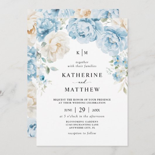 Monogram Dusty Blue Champagne ElfenbeinblumenWeddi Einladung (Vorne/Hinten)